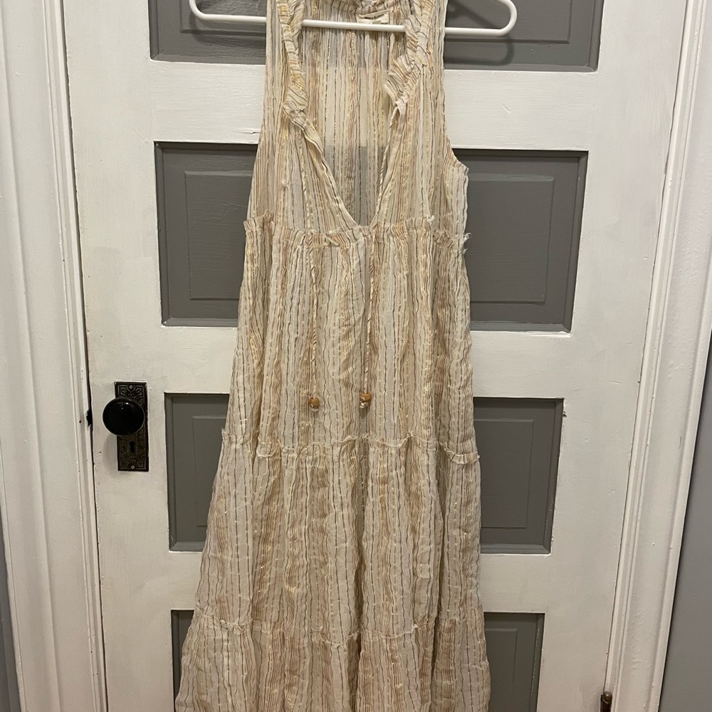 Gauzy pink and gold stripe maxi dress